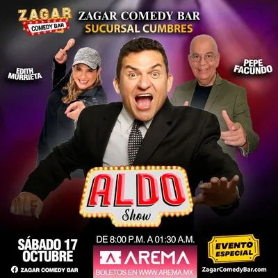 Flyer de Aldo Show en Zagar Comedy Bar en Cumbres